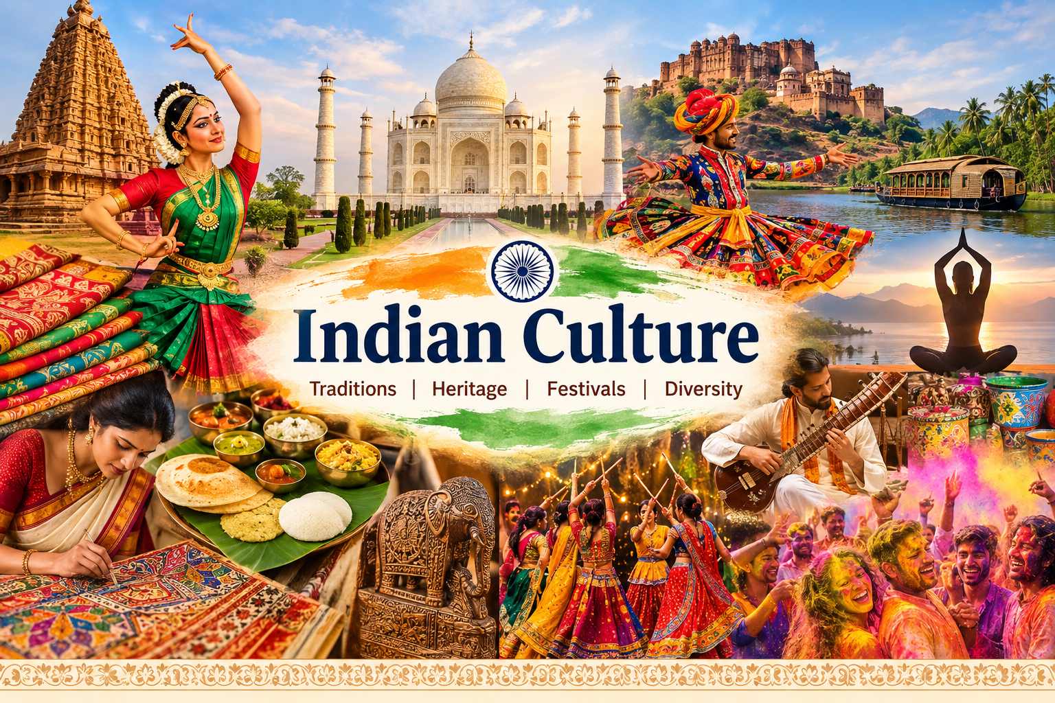 Indian culture collage featuring traditional dance, Indian food, textiles, handicrafts, festivals, yoga, music and iconic heritage landmarks such as the Taj Mahal and historic forts.